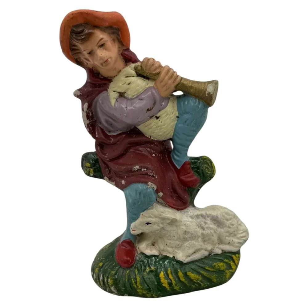 Vintage Nativity Shepherd Figurine‎ Playing Horn with Sheep Hand-Painted